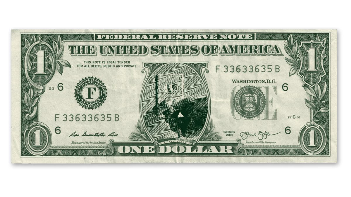 Dollar bill. Instead of George Washington at the center, there's a hand plugging a cable into an outlet.