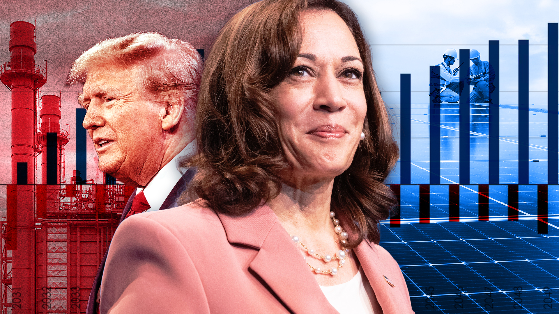 Vice President Harris, representing a clean energy future, and Former President Trump, representing a climate disaster.