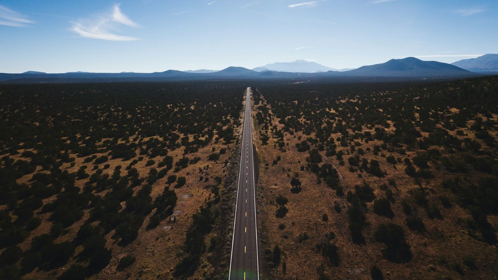 Overhead shot of long and open road 