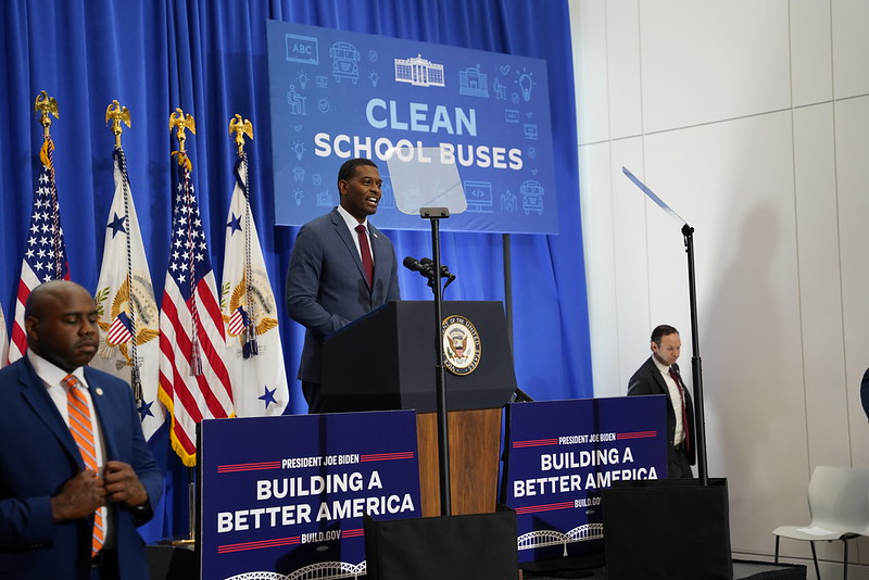 EPA Administrator Michael Regan speaks on clean school buses in May 2022. 